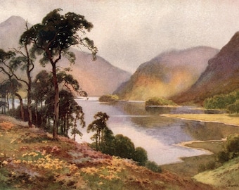 1920 Seenplatte Antiker Druck: Thirlmere & Helvellyn Aquarell