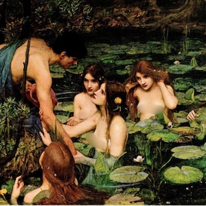 JOHN WILLIAM WATERHOUSE Oryginalny wydruk książki vintage „Hylas i nimfy” – obraz prerafaelitów – wyjątkowy prezent