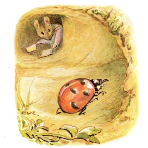 May include: A vintage illustration depicts a mouse inside a burrow, reading a small book. A red ladybug with black spots crawls on the ground nearby. The scene is set in a grassy, sunlit area, evoking a storybook feel.