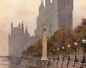 1924 Houses of Parliament Print: Antique London England Watercolor