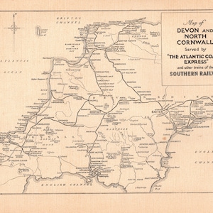 1932 Original Devon & Nordcornwall UK Karte - Serviert vom Atlantikküsten-Express-Zug - Einzigartiges Geschenk
