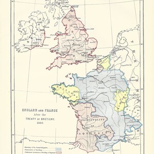 Mapa antigo INGLATERRA - INGLATERRA E FRANÇA Após o Tratado de Brétigny 1360 da 9ª edição Enciclopédia Britânica 1875-1889 - Mapa raro
