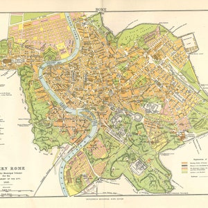 Antyczna mapa RZYM, WŁOCHY z 9. edycji Encyklopedii Britannica 1875-1889 - oryginalna rzadka mapa z XIX wieku - mapa wiktoriańska - prezent