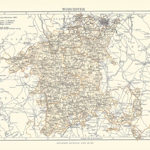 Antique Map WORCESTER, ENGLAND from 9th Edition Encyclopaedia Britannica 1875-1889 - original rare 19th Century print Victorian map - Gift