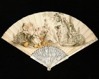 PRINT ONLY -  Antique Decorative Hand-Held Fan - Scenes of Daily Life - Gift for fan collectors and lovers of costume accessories (42)
