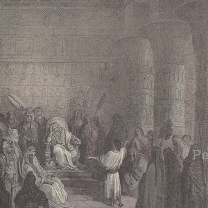 May include: An antique black and white illustration depicts a scene in an ancient Egyptian setting. A figure in a white robe gestures towards a seated ruler on a throne, surrounded by figures in draped garments. The background features detailed hieroglyphs and columns.