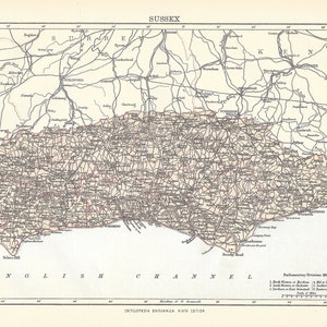Antique Map SUSSEX, ENGLAND from 9th Edition Encyclopaedia Britannica 1875-1889 - original rare 19th Century print Victorian map - Gift