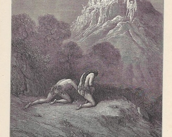 Peut inclure: Illustration en noir et blanc représentant deux personnages agenouillés sur un paysage rocheux, avec une montagne et des personnages en arrière-plan. Le texte indique "The heavenly bands" et "Down from a sky of jasper lighted now In Paradise."