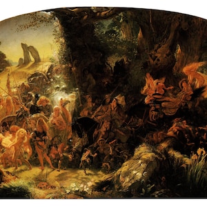 Könnte beinhalten: Ein Gemälde, das eine Gruppe von Menschen in einer Waldlandschaft zeigt. Die Menschen sind unterschiedlich gekleidet und scheinen auf Reisen zu sein. Die Szene wird von einer hellen Lichtquelle, möglicherweise dem Mond, beleuchtet, und im Hintergrund befinden sich Bäume und andere Pflanzen.