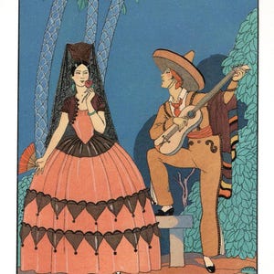 Ilustración de moda art déco de George Barbier: póster vintage &quot;Serenata de 1924&quot;