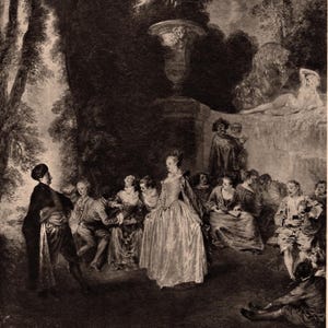 1927 Watteau Gravure Print: Fete Champetre Antique Art