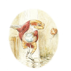 May include: A cartoon illustration of a frog wearing a red jacket and holding a pitcher and a plate. The frog is walking on a wet floor with a snail on the wall behind it.