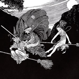 May include: A monochrome illustration depicting three figures on broomsticks against a dark backdrop. The figures are in vintage attire, with one wearing a feathered headdress. A full moon and silhouetted trees are visible.