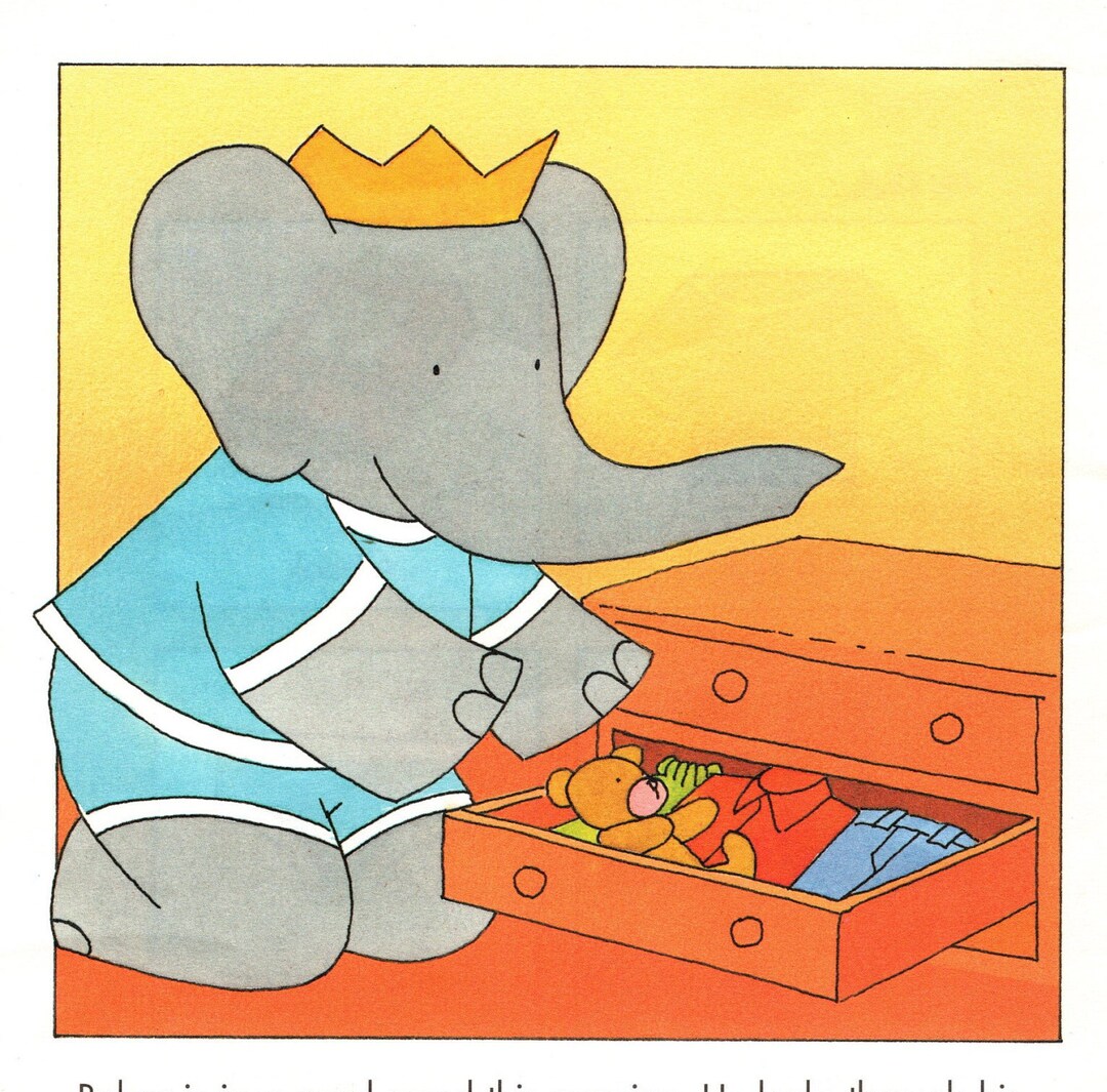 1990 Babar the Elephant Original Vintage Print Nursery Art Baby Shower