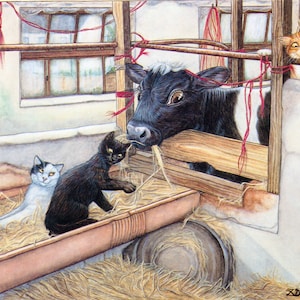 1989 Zoe Stokes Playful Cat Art – Original Vintage Print – Cat Lovers – Unique Gift (10)