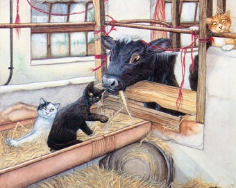 Zoe Stokes Playful Cat Art – Vintage Lithograph Print, 1989