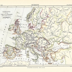 Antique Europe Map: Crusades Era, 19th Century Britannica Print