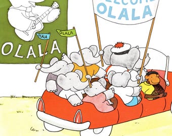 May include: A red car with a group of elephants inside. The elephants are holding flags that say "OLALA" and a banner that says "WELCOME OLALA".