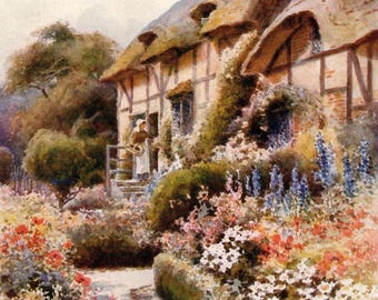 Anne Hathaway&#39;s Cottage Vintage Print: Stratford-upon-Avon, 1940 Watercolor