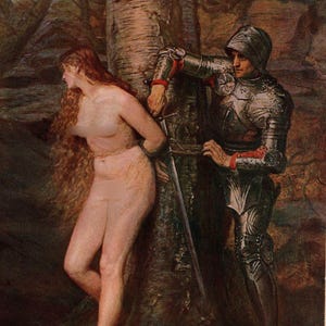 May include: A painting depicting a woman tied to a tree by a knight in armor. The woman is nude and has long red hair. The knight is wearing a helmet and holding a sword. The scene is set in a forest at night.
