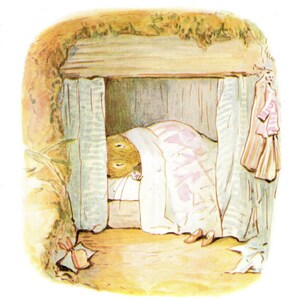 May include: Watercolor illustration of a small animal in a cozy bed, covered with a pink and white quilt. The bed is inside a rustic shelter with curtains and a small gift nearby. A pair of shoes and clothing hang on the side.