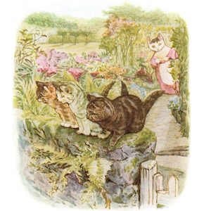 May include: An illustration of a garden scene with several cats. Three cats are on a stone wall, while another cat, dressed in a pink dress, stands on a path. The background features a colorful flower garden and trees.