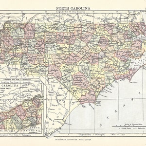 Carte antique CAROLINE DU NORD, États-Unis de la 9e édition de l'Encyclopaedia Britannica 1875-1889 - Carte originale rare du 19e siècle - Cadeau imprimé victorien