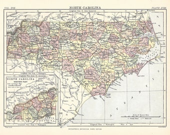 Antique Map NORTH CAROLINA, USA from 9th Edition Encyclopaedia Britannica 1875-1889 - Original Rare 19th Century map - Victorian print Gift