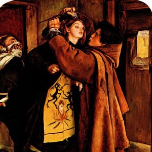 MILLAIS Oryginalny Vintage Book Print „Ucieczka Heretyka” – Malarstwo Prerafaelitów – Wyjątkowy Prezent