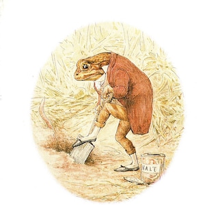 May include: An illustration of a frog-like character in a red coat and tan pants digging with a shovel. The character has a frog's head and is wearing shoes. A can labeled "SALT" sits nearby. The background is a light brown.