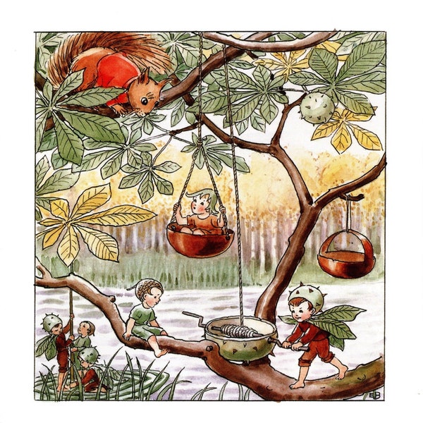 Rare Acorn Children Original Vintage Print – Woodland Adventures - Elsa Beskow illustrator – vintage forest, autumn leaves - Unique Gift