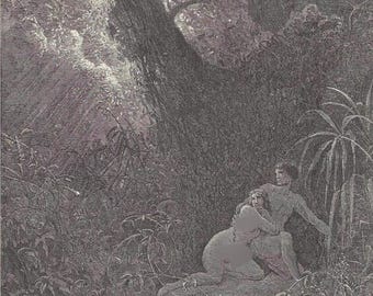 Peut inclure: Une illustration détaillée en noir et blanc représente deux personnages dans une forêt luxuriante. L'un est agenouillé, l'autre debout, tous deux enlacés. L'œuvre est riche en détails, avec un feuillage dense et un grand arbre dominant la scène.