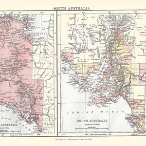 Ancienne carte d'AUSTRALIE DU SUD de la 9e édition de l'Encyclopaedia Britannica 1875-1889, estampe originale rare du XIXe siècle - cadeau unique