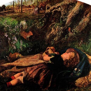 ARTHUR HUGHES Oryginalny wydruk książki vintage „Dziecko drwala” – obraz prerafaelitów – wyjątkowy prezent