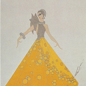 Könnte beinhalten: Illustration einer Frau in einem gelben Kleid mit kreisförmigem Muster. Das Kleid hat einen weiten Rock und ein graues Neckholder-Top mit dekorativem Kragen. Die Frau trägt ein passendes Armband und Kopfschmuck.