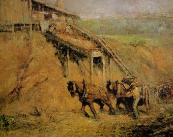 May include: A painting depicting a rural scene with a wooden building in the background and two horses pulling a cart in the foreground. The scene is painted in muted tones of brown, yellow, and green.
