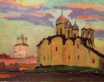 1968 Pskov Russia Architecture Print | Ancient Monument Painting 'Ivanov Monastery Cathedral & Trinity Cathedral' - G.M. Manizer
