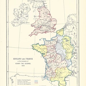 Mapa antigo INGLATERRA - INGLATERRA E FRANÇA na ascensão de Henrique II 1154 da 9ª edição da Enciclopédia Britannica 1875-1889 - Raro