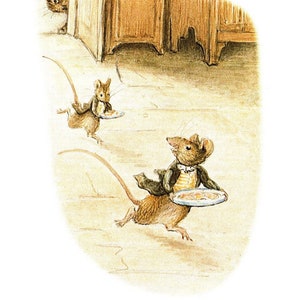 May include: Two mice in formal attire, wearing bow ties and carrying trays, run across a wooden floor. A cat peeks from behind a wooden cabinet.
