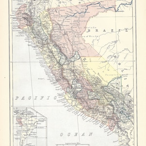 Antyczna mapa PERU, Ameryka Południowa z 9. edycji Encyklopedii Britannica 1875-1889 - oryginalny rzadki druk z XIX wieku - mapa wiktoriańska PREZENT