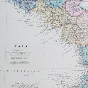 Carte ancienne de 1889 du sud de l&#39;Italie : impression cartographique rare
