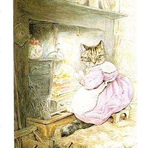 May include: A pink-dressed cat sits on a wooden stool in front of a fireplace. The cat has a white apron and is looking at the fire. The caption reads "Ready for the party."