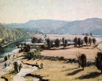Gravura vintage de Leonard Long, frente e verso | 'O Rio Shoalhaven em Burrier' e 'Na Cordilheira Chewings, Austrália Central' | Artista australiano