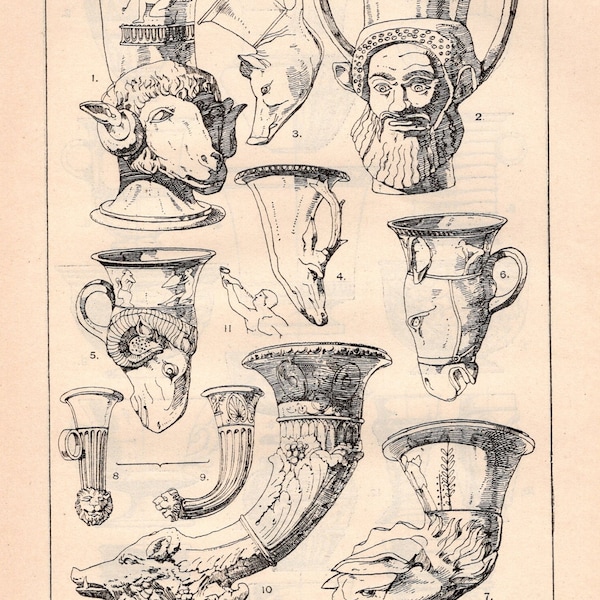 1896 Rare Original Antique 2-sided Print – Meyer’s Ornamental Forms - Decorated Objects – Vases - The Rhyton, Cup & Beaker- design lovers