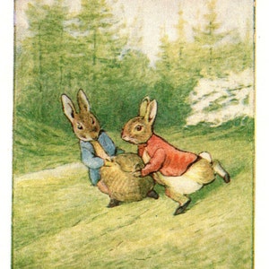 May include: A vintage illustration depicting two rabbits in a field. One rabbit is dressed in a blue jacket, the other in a red jacket. They are tussling over a brown sack, with trees in the background.