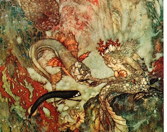 Edmund Dulac 'Little Mermaid' Print: 1975 Vintage Fairy Tale Art