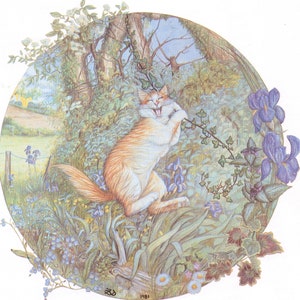 Zoe Stokes Playful Cat Art Print: 1989 Vintage Lithograph