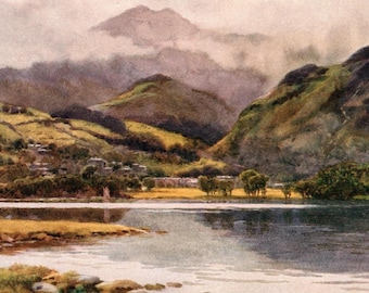 1920 Coniston Lake Druck: Antike Seenplatte Aquarell Kunst