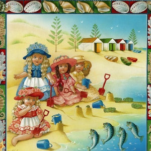 Shirley Barber Vintage Print: Dolls on Beach, Nursery Art