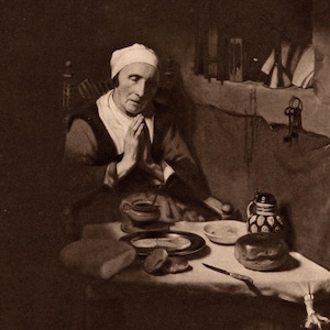 1927 Nicolaes Maes Print: Old Woman Saying Grace, Antique Gravure